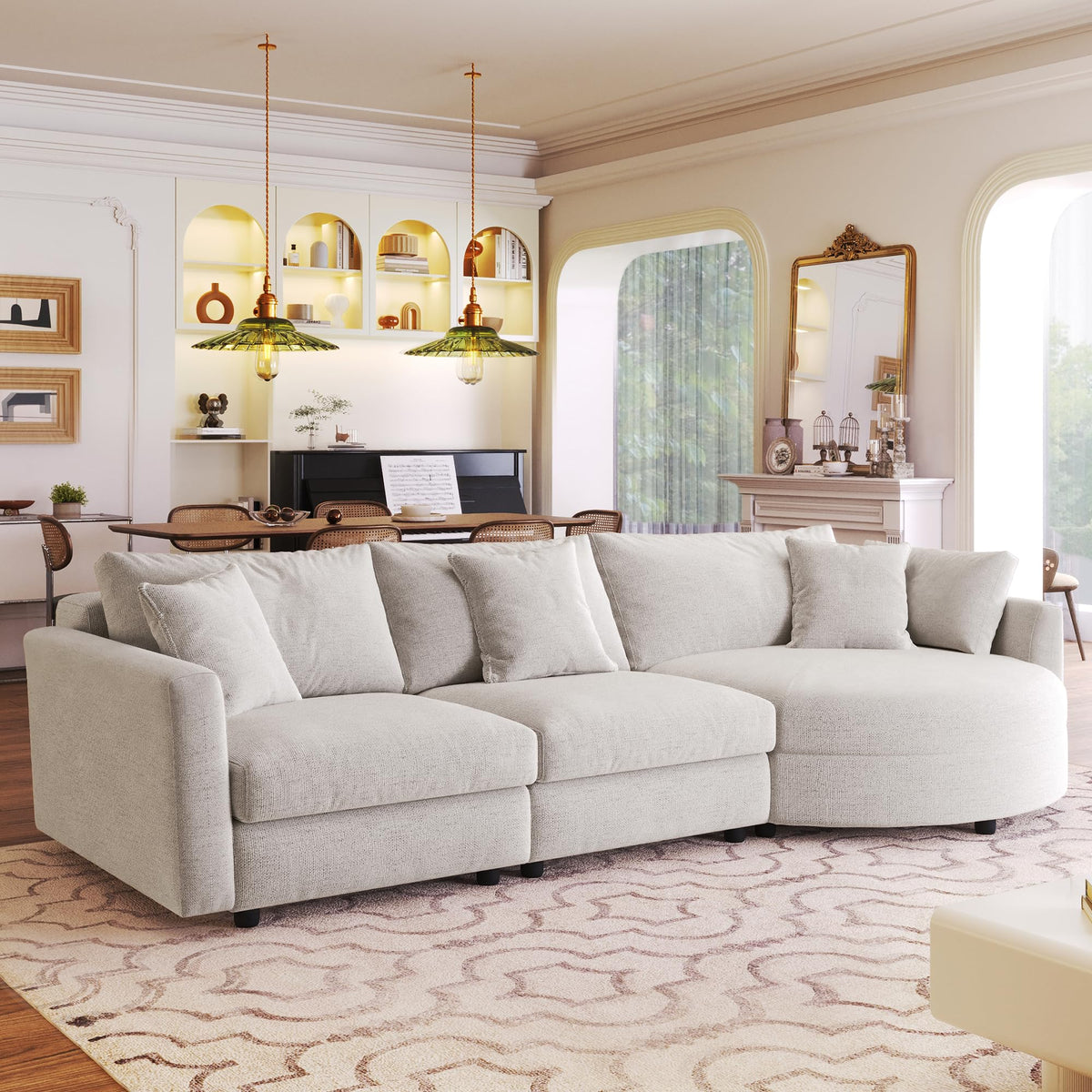 105" Chenille Fabric 3 Sectional Sofa with Curved Chaise and 3 Throw Pillows Perfect for Living Rooms, Offices, and Apartments