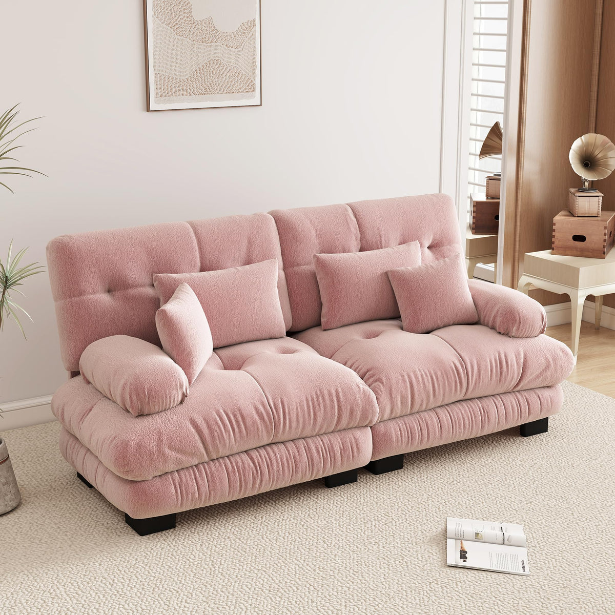 Velvet Modular Sectional Sofa,130" W Oversized U Shape Cloud Couch with 2 Ottomans,Free Combined 3 Seater Comfy Sofa with Bolster Armrest Pillows,Green for Living Room