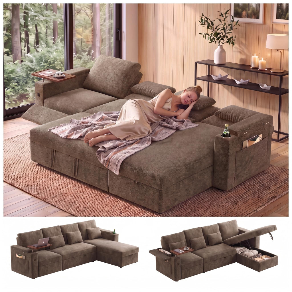 108" L Shaped Sleeper Sofa Bed,3 in 1 Pull Out Chenille Convertible Sectional Couch With Storage&Reclining Backrest For Living Room With USB|Type-C Port|Foldable Table|Cup Holder|Side Pocket,Khaki
