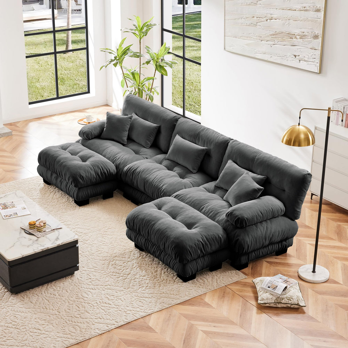 134" Oversized 3 Seater L Shaped Modular Sectional Sofa, Large Sectional Couches for Living Room, Chenille Cloud Couch with Pillows, Living Room Deep Seat Sofas with 3 Seats & 1 Ottoman, Pink