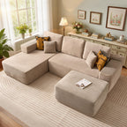 106" Cloud Sectional Couch with L-Shape Chaise & Ottoman, No Assembly Modular Sofa, Deep Seat Plush Corduroy Boneless Couched for Living Room (Black Plush Corduroy, L Shape with Ottoman-Left Facing)