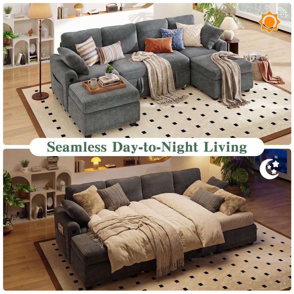 WorthFurni 104" Oversized 6 Seat L Shaped Sectional Sofa, Corduroy Convertible Couch with Pull Out Bed, Movable Storage Ottoman, USB Port, 2 Pillows & Storage Pocket for Living Room（Gray）