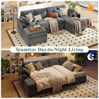 WorthFurni 104" Oversized 6 Seat L Shaped Sectional Sofa, Corduroy Convertible Couch with Pull Out Bed, Movable Storage Ottoman, USB Port, 2 Pillows & Storage Pocket for Living Room（Gray）