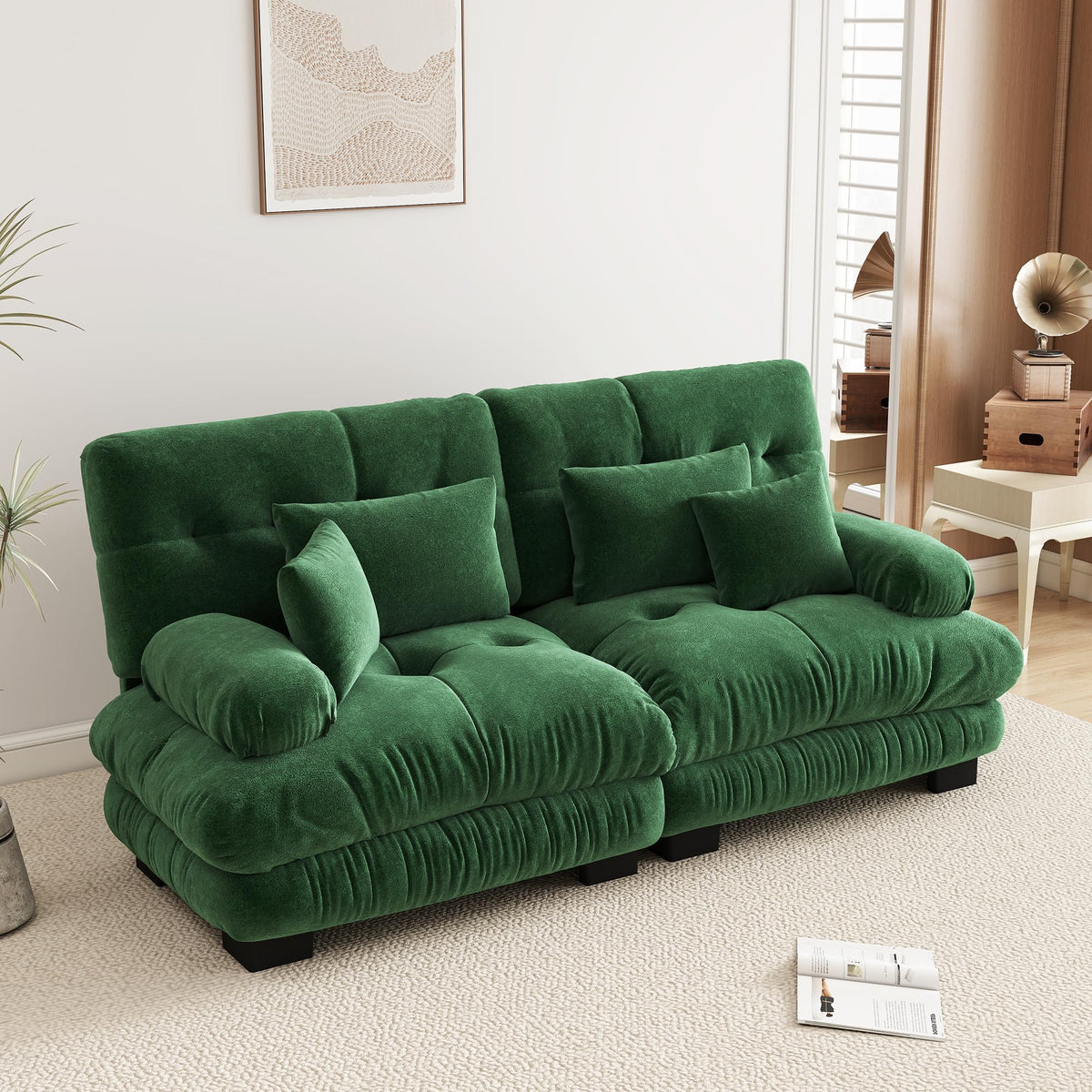 Velvet Modular Sectional Sofa,130" W Oversized U Shape Cloud Couch with 2 Ottomans,Free Combined 3 Seater Comfy Sofa with Bolster Armrest Pillows,Green for Living Room