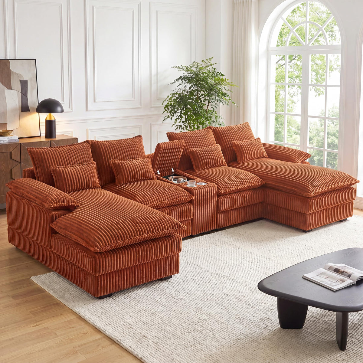 127" U-Shaped Boneless Sofa with Center Console for Living Room, Brown