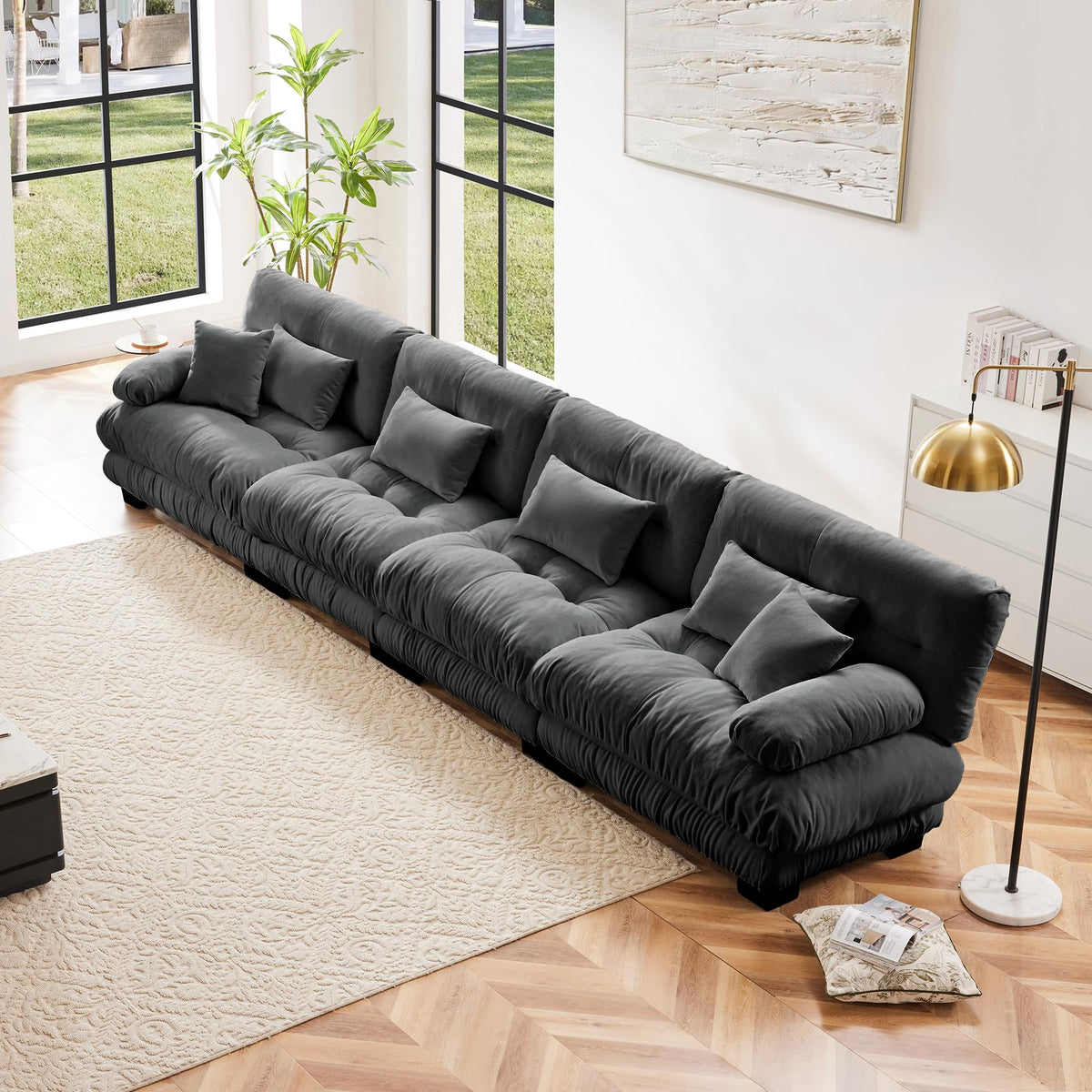 134" Oversized 3 Seater L Shaped Modular Sectional Sofa, Large Sectional Couches for Living Room, Chenille Cloud Couch with Pillows, Living Room Deep Seat Sofas with 3 Seats & 1 Ottoman, Pink