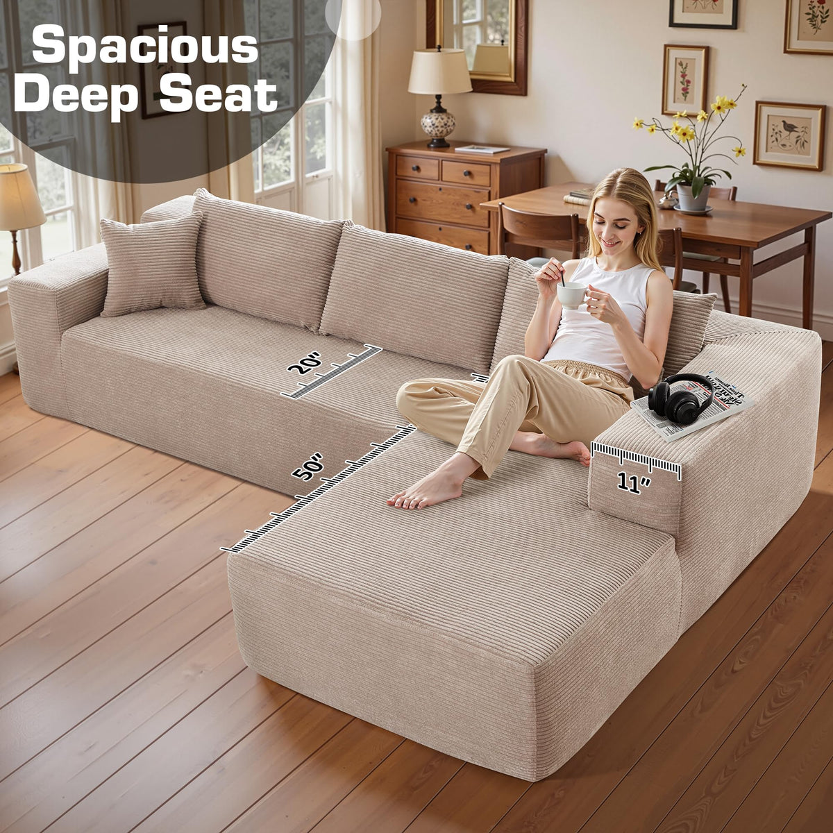 106" Cloud Sectional Couch with Chaise Lounge,L Shaped Modular Modern Sofa,Comfy Corduroy Fluffy Couches with Deep Seat,No Assembly Required Couch for Living Room(Right,Stripe Corduroy,Camel)