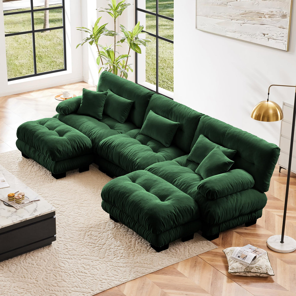 130" Modular Sectional Sofa,Velvet Upholstered Couches for Living Room,3 Seater Green Sofa Couch with Movable Ottoman,Big Comfy Loveseat Sofa with Deep Seats for Living Room,Apartment,Bedroom
