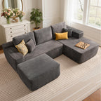 104" L-Shape Modular Sectional Sofa Couch,Comfy Upholstered Cloud Couch for Living Room,Modern Minimalist Couches,Deep Seat,No Assembly Required (Black,Plush Corduroy, Right Facing Chaise w/Ottoman)