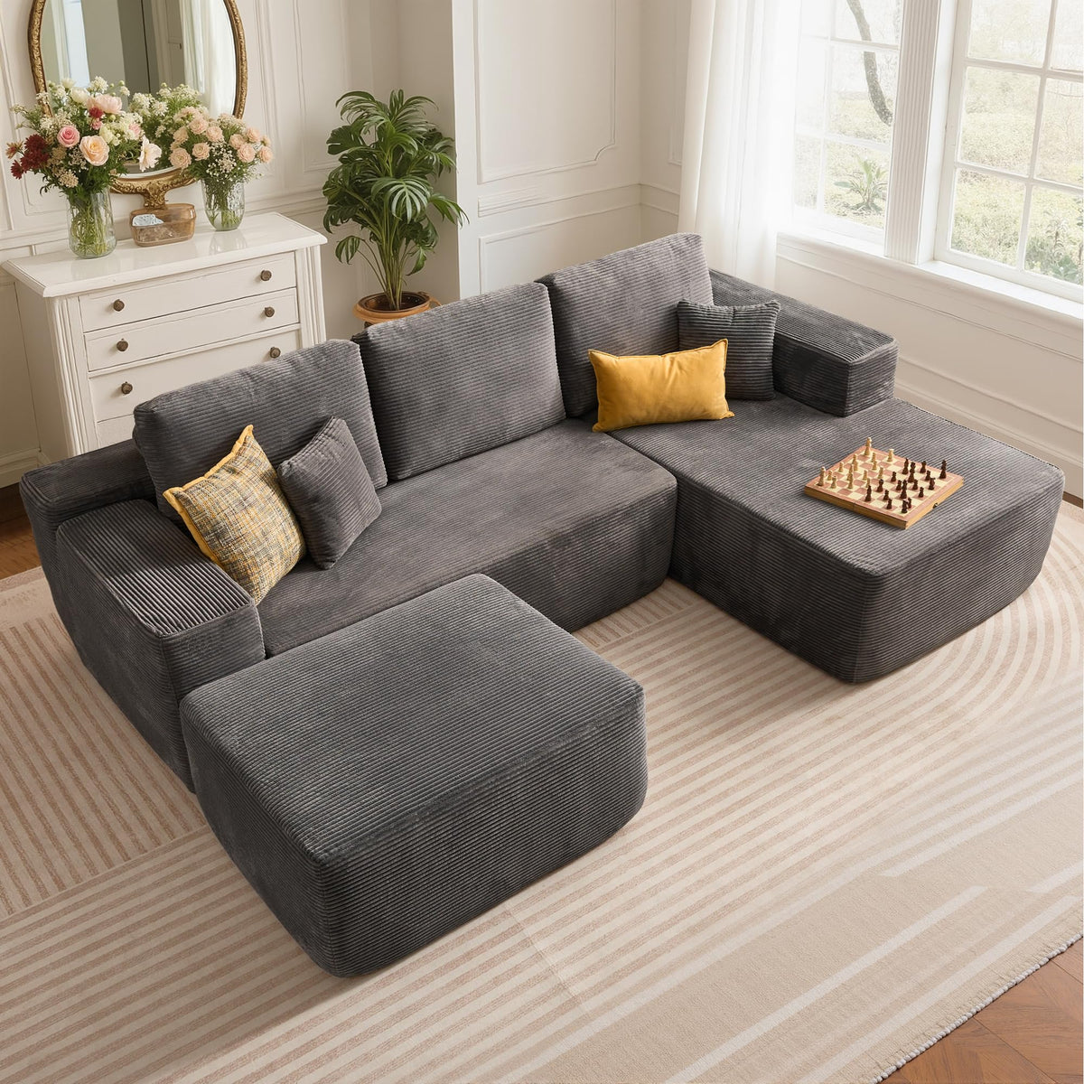 104" L-Shape Modular Sectional Sofa Couch,Comfy Upholstered Cloud Couch for Living Room,Modern Minimalist Couches,Deep Seat,No Assembly Required (Black,Plush Corduroy, Right Facing Chaise w/Ottoman)