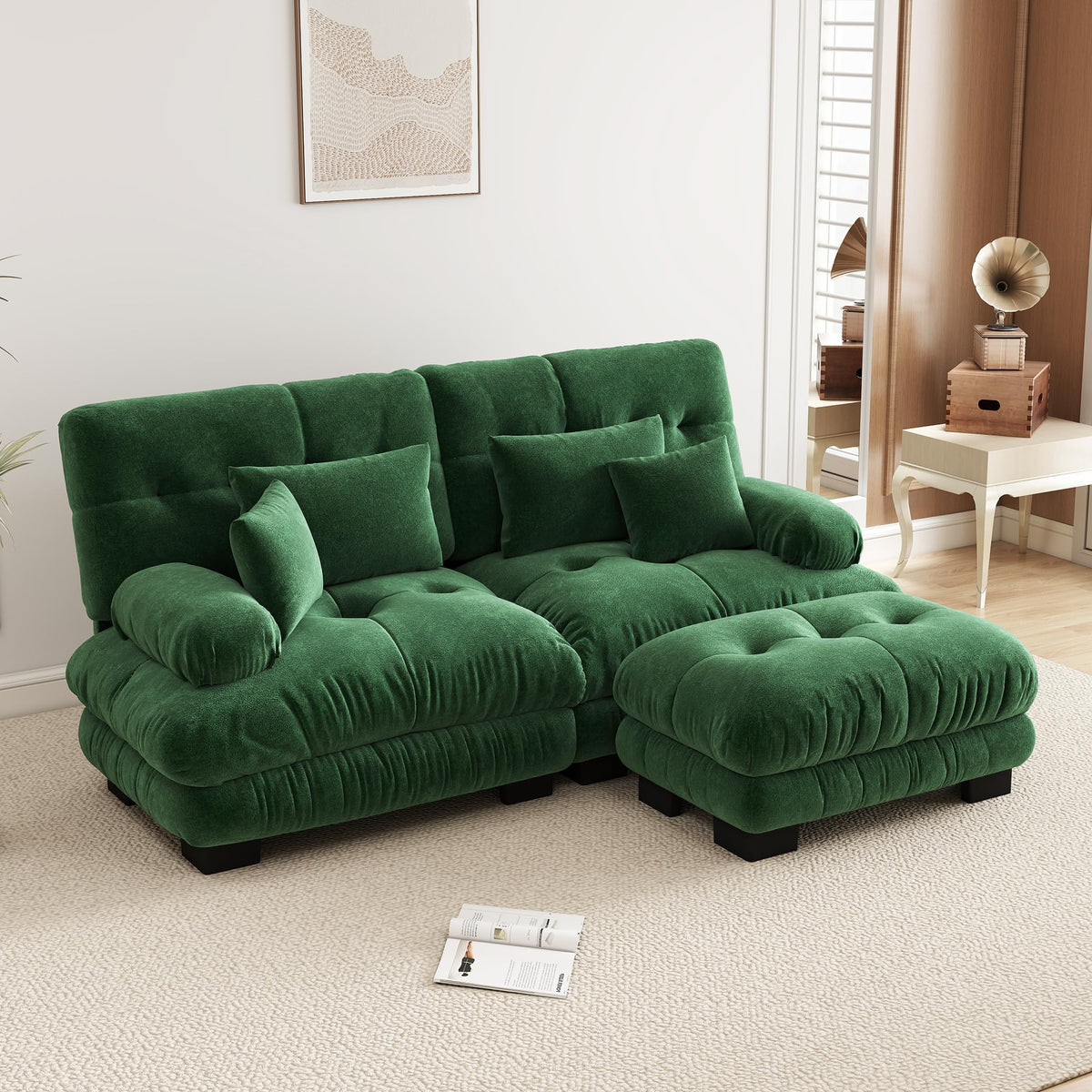 Velvet Modular Sectional Sofa,130" W Oversized U Shape Cloud Couch with 2 Ottomans,Free Combined 3 Seater Comfy Sofa with Bolster Armrest Pillows,Green for Living Room