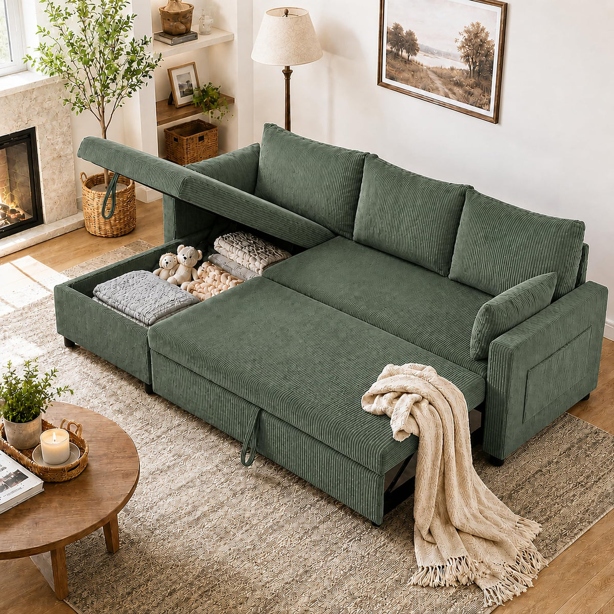 104.5" Sleeper Sectional Sofa Bed, L-Shaped Pull Out Couch