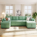 107" U-Shaped Pull-Out Couch Sectional Sofa Bed with USB Charging, Green