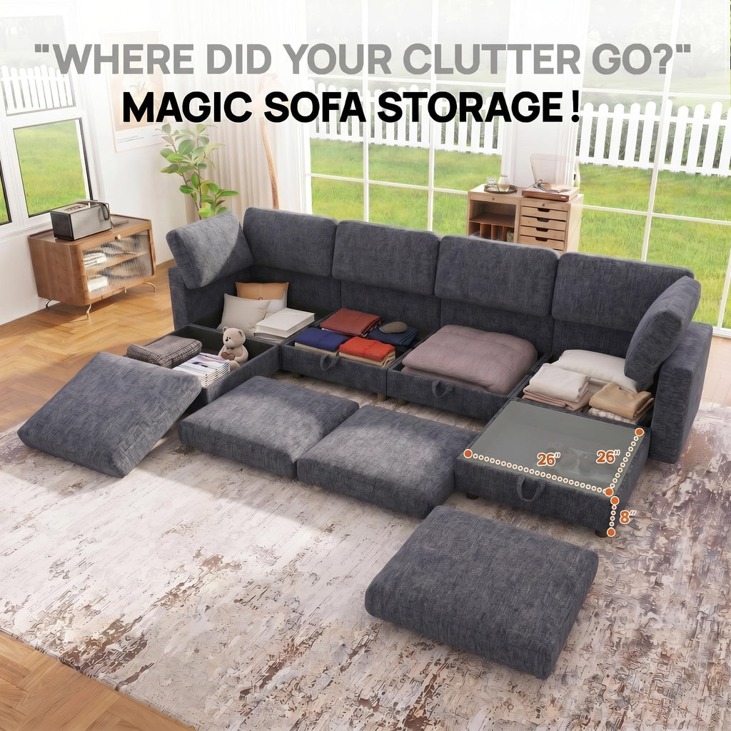 128'' Modular Sectional Sofa, 8 Seater Sectional Sofa,Chenille Modern Couch with Removable Covers, U Shaped Sofa Bed with Storage, L Shaped Cloud Couches with Ottoman, Grey Couches for Living Room