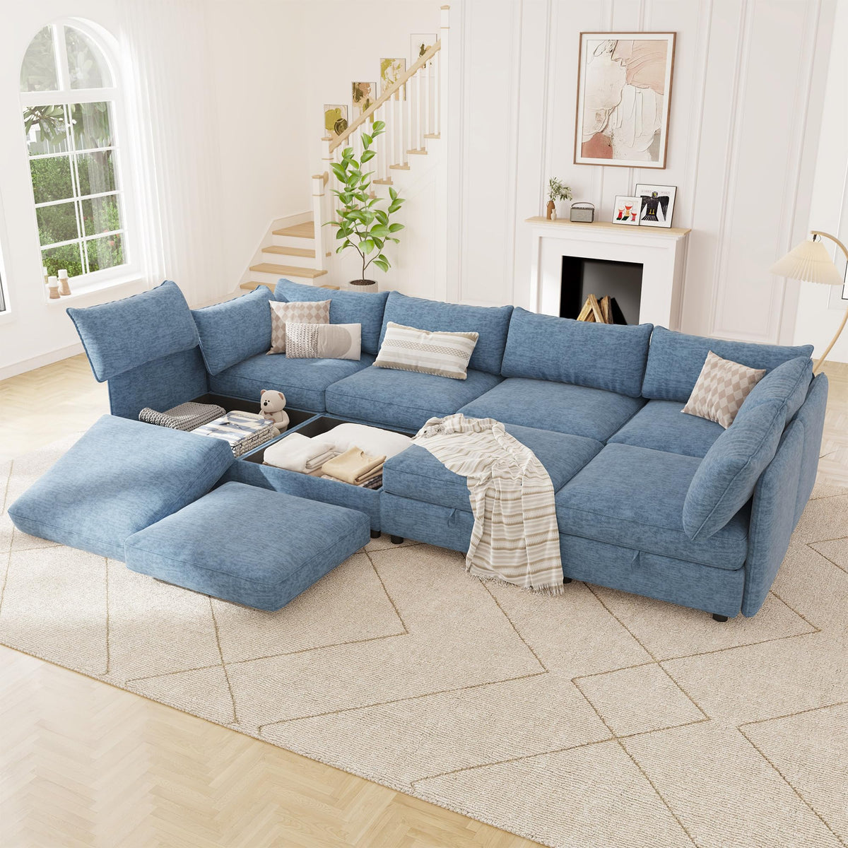 125" Chenille Modular Sectional Sofa Bed Hidden Storage, Convertible L U Shaped Sleeper Couch, 8 Seat Modern Modular Sectional Sofa with Removable Covers & Ottoman Chaise, for Living Room, Beige