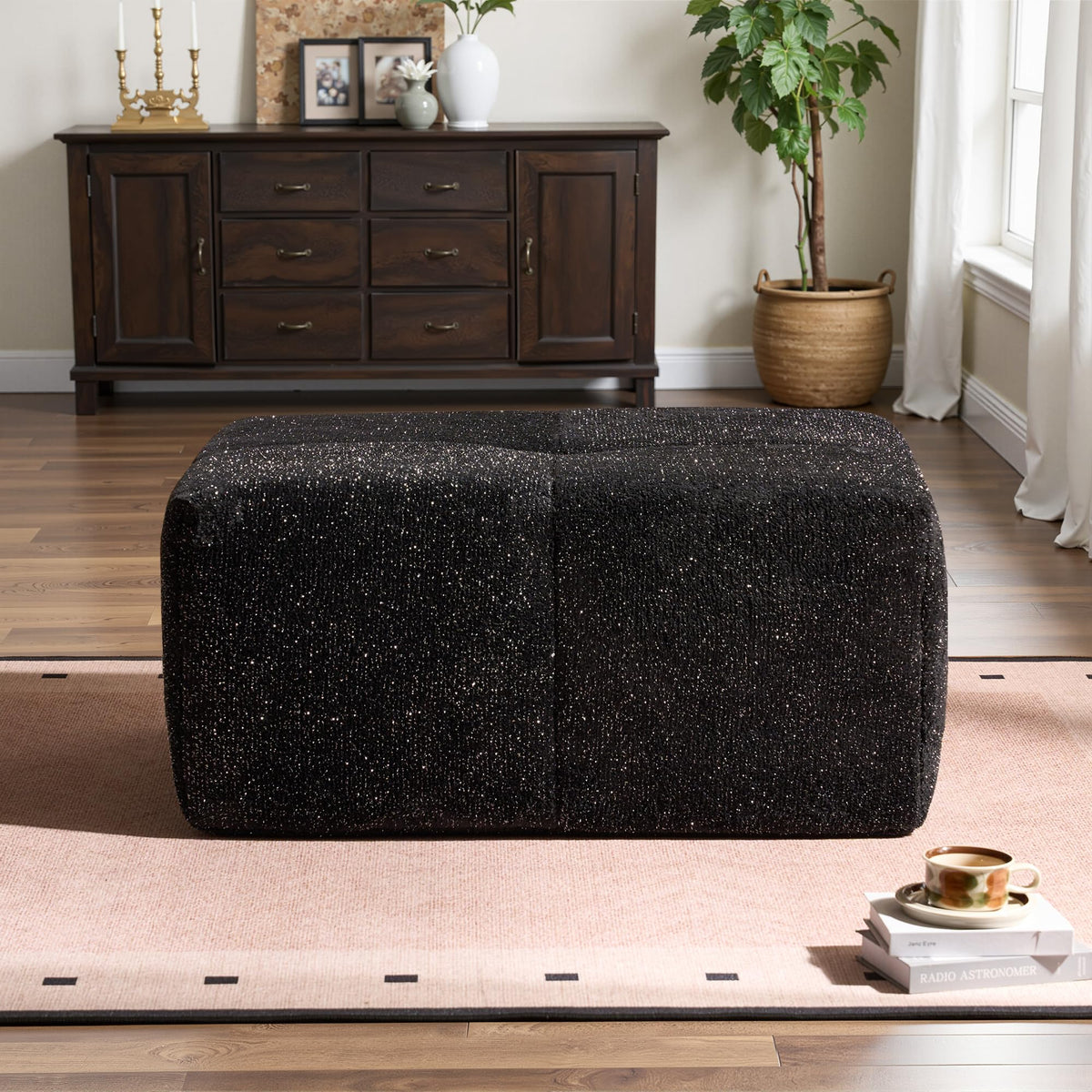 104" L-Shape Modular Sectional Sofa Couch,Comfy Upholstered Cloud Couch for Living Room,Modern Minimalist Couches,Deep Seat,No Assembly Required (Black,Plush Corduroy, Right Facing Chaise w/Ottoman)