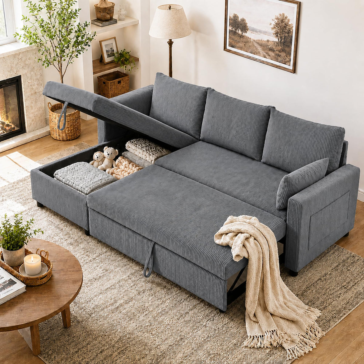 104.5" Sleeper Sectional Sofa Bed, L-Shaped Pull Out Couch
