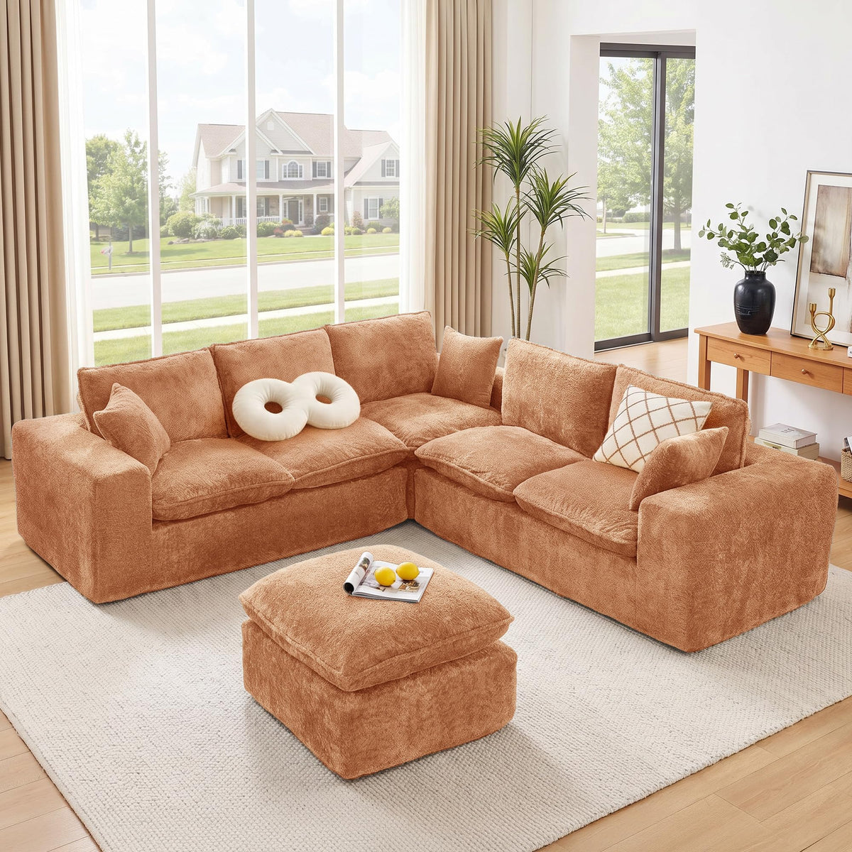 107'' Modular Sectional Sleeper Sofa, 5 Seater Corner Couch, Modern L Shaped Sectional Couch with Ottoman, Boneless Cloud Couches for Living Room (Green, L Shaped Sofa (5+2))