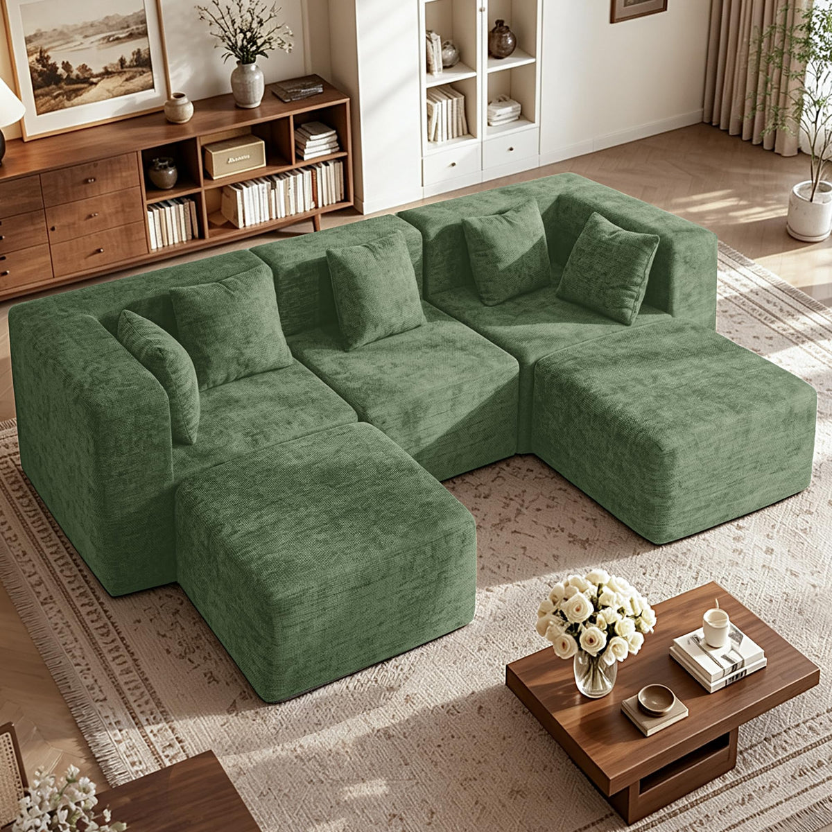 103" Three-Layer Sponge Boneless Couch sectional for Living Room Modular sectional Sofa High-Back 4-Seater L-Shape Couch with Ottoman Memory Foam Waterproof Chenille Black
