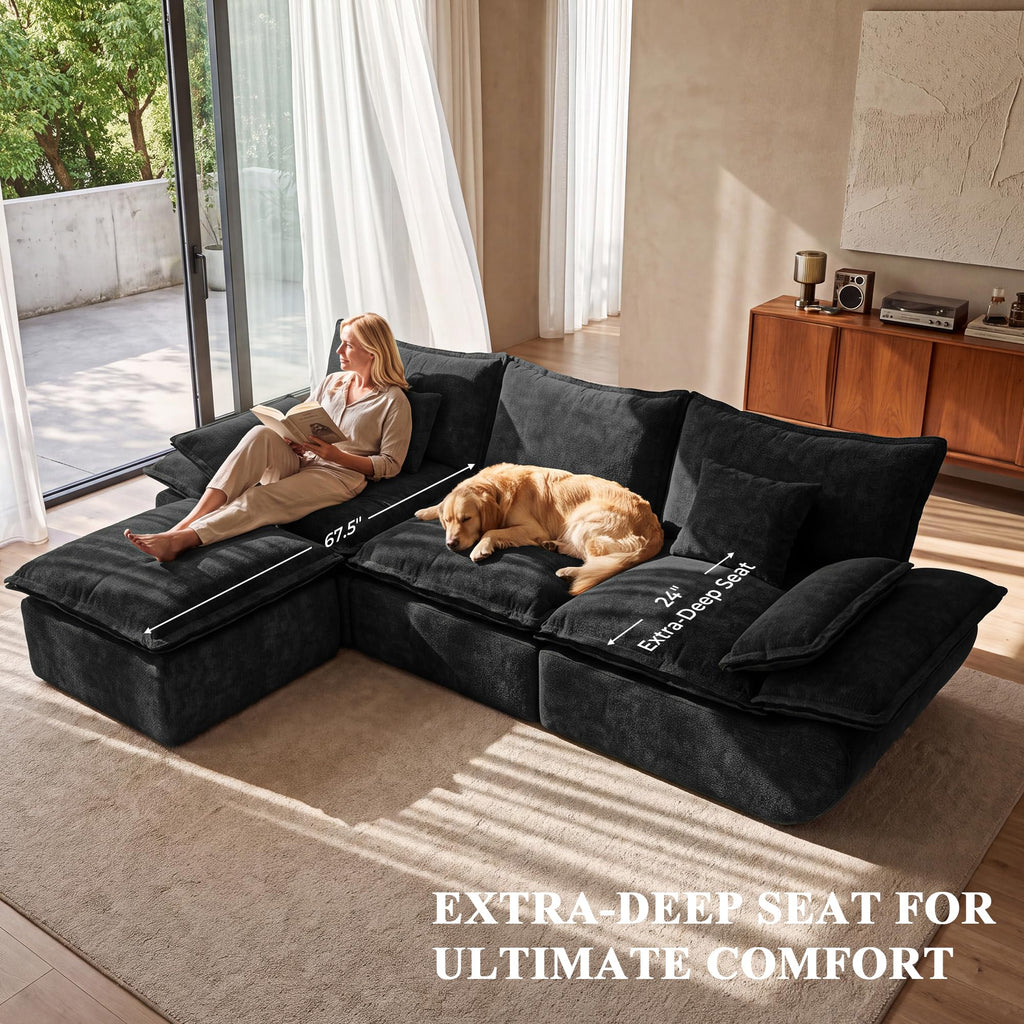 110" Cloud Sectional Couches for Living Room, Convertible L-Shape Couch with Ottoman, 3 Seater Modular Sectional Sofa, Boat-Shaped Fluffy Chenille Couch with Comfy Deep Seats, Black