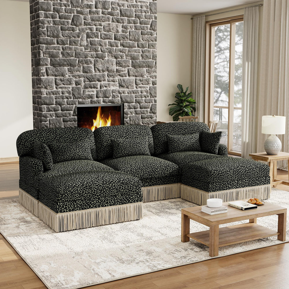 100'' Modular Sectional Couch, Cloud Deep Seat Sofa, Chenille Leopard Print Couch with Tassel for Living Room (U-Shaped, Green)