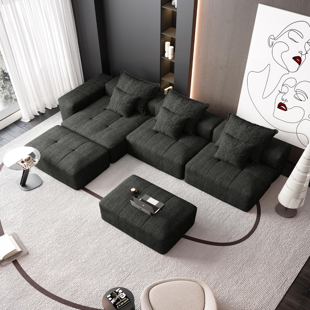 Tidyard Modern Sofa with 6 Pillows, Sparkling Chenille Fabric, No Assembly Required, Black