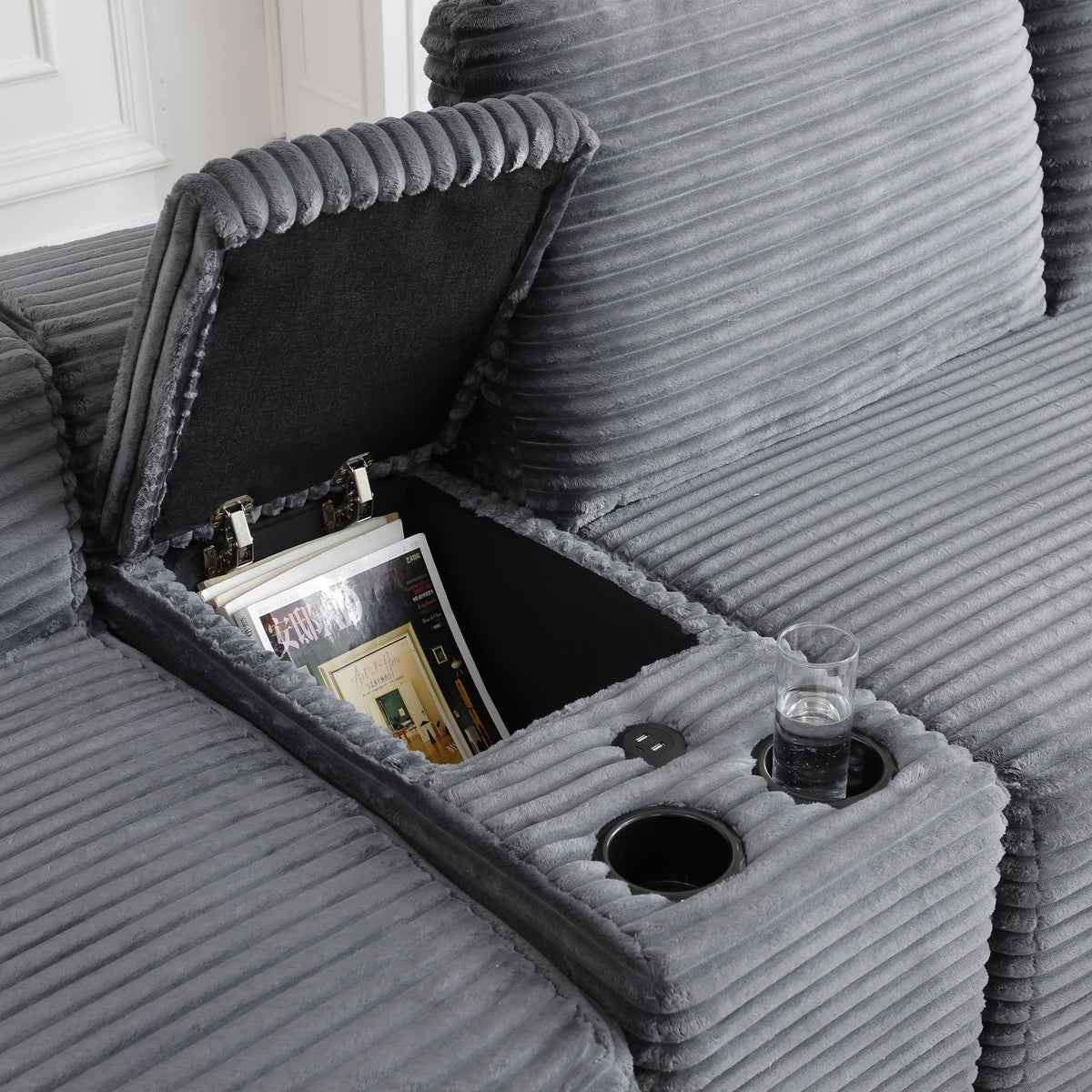 125" U Shaped Sectional Couch,Boneless Cloud Couch Featuring USB Ports,Cup Holders & Storage.Made of Corduroy Fabric and Features Two Movable Sofa Modules for Flexible Living Room Layouts. (Gray)