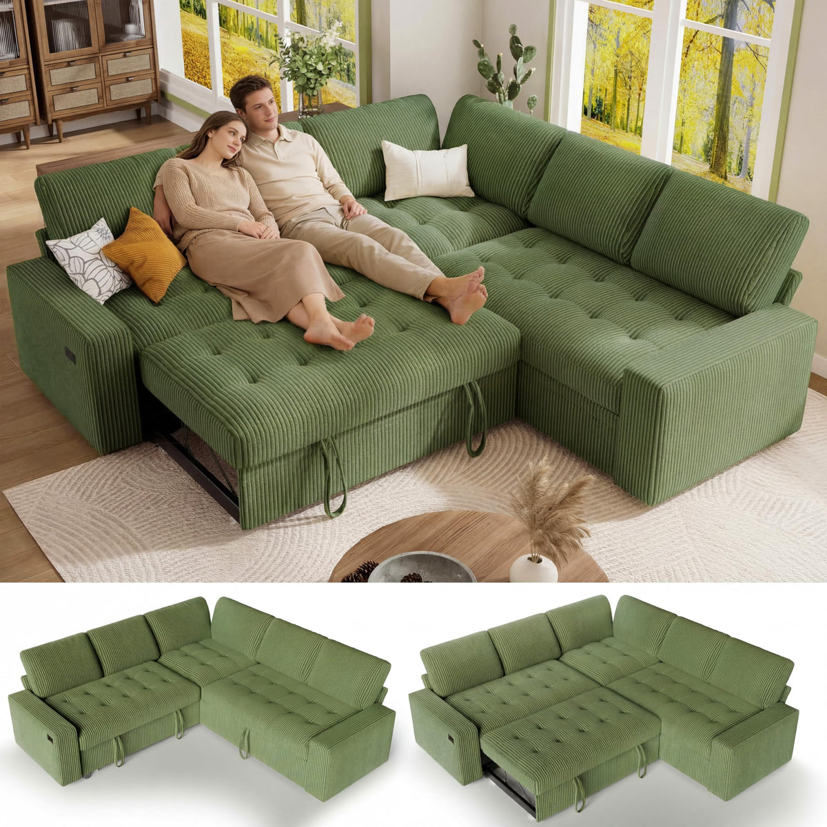 Vipbear Pull Out Sofa Bed Sectional Sleeper Sofa with Reclining Backrest & Storage, Corduroy Pullout Modular Sectional Couches with USB Charging, L Shaped Convertible Couch Bed for Apartment, Green