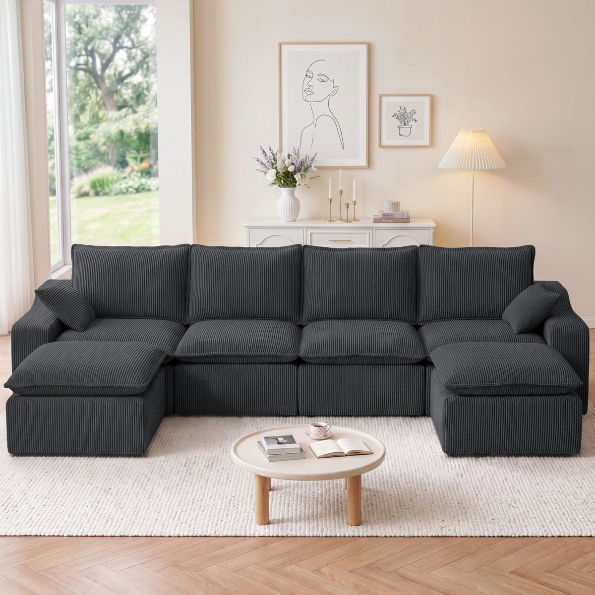 Vipbear 137" Modular Cloud Couch, No Assembly, Memory Boneless Sectional Sofa with Ottomans & Deeper Seat, Corduroy U-Shaped Comfy Modular Sofa for Living Room, Grey