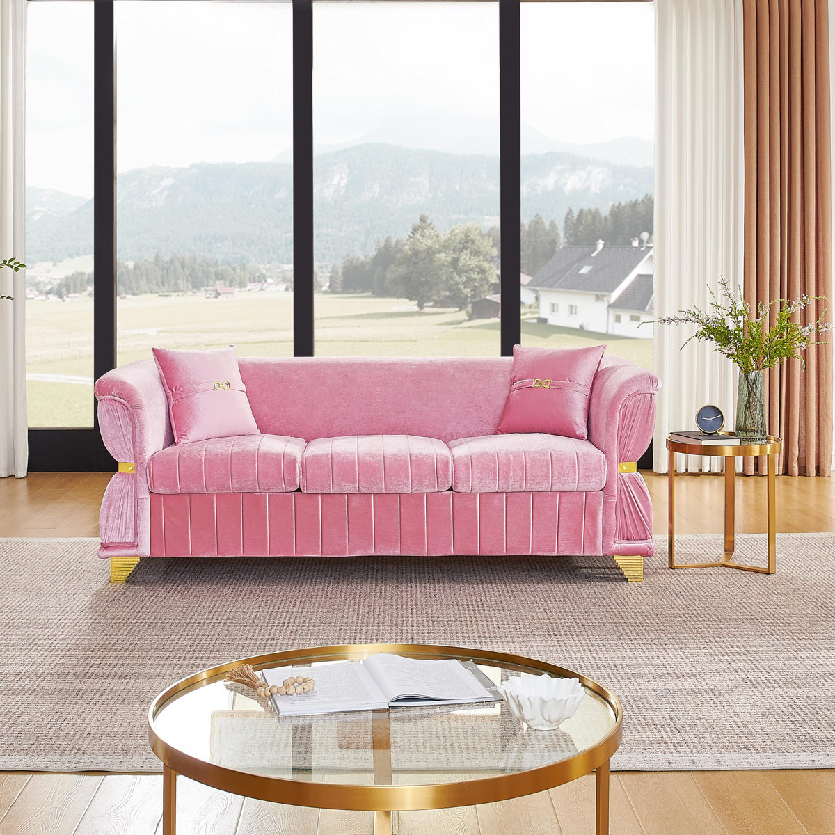 WinJoy 2 Piece Set Modern Velvet Three Seater and Two Seater Sofa Upholstered Luxury Couch with 4 Pillows Gold Metal Trim Tapered Gold Legs & Curved Armrests for Living Room Beige