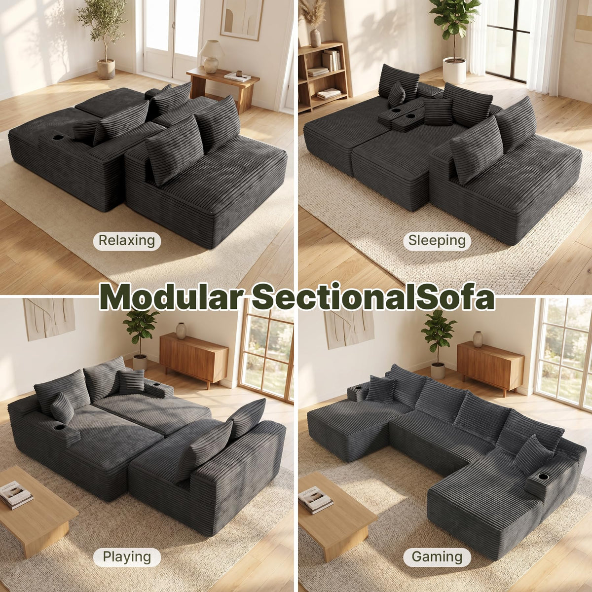 133“ U-Shaped Segmented Sofa with Side Pockets/Cup Holders, Modular Design, Deep Seat, Upholstered Sofa for Living Room/Bedroom, No Assembly Required, Gray