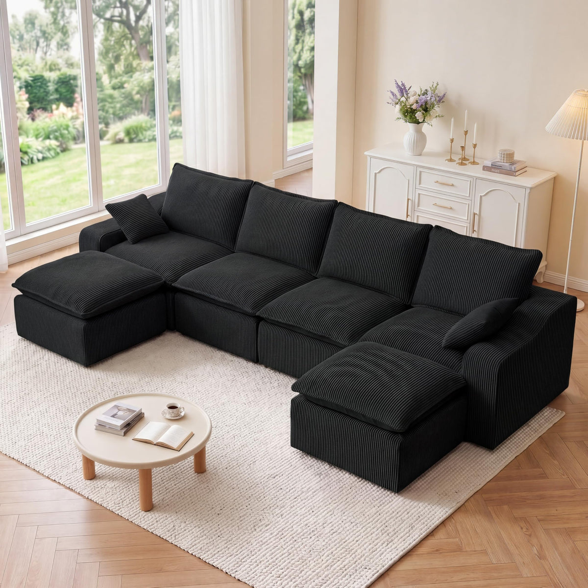 Vipbear 137" Modular Cloud Couch, No Assembly, Memory Boneless Sectional Sofa with Ottomans & Deeper Seat, Corduroy U-Shaped Comfy Modular Sofa for Living Room, Grey