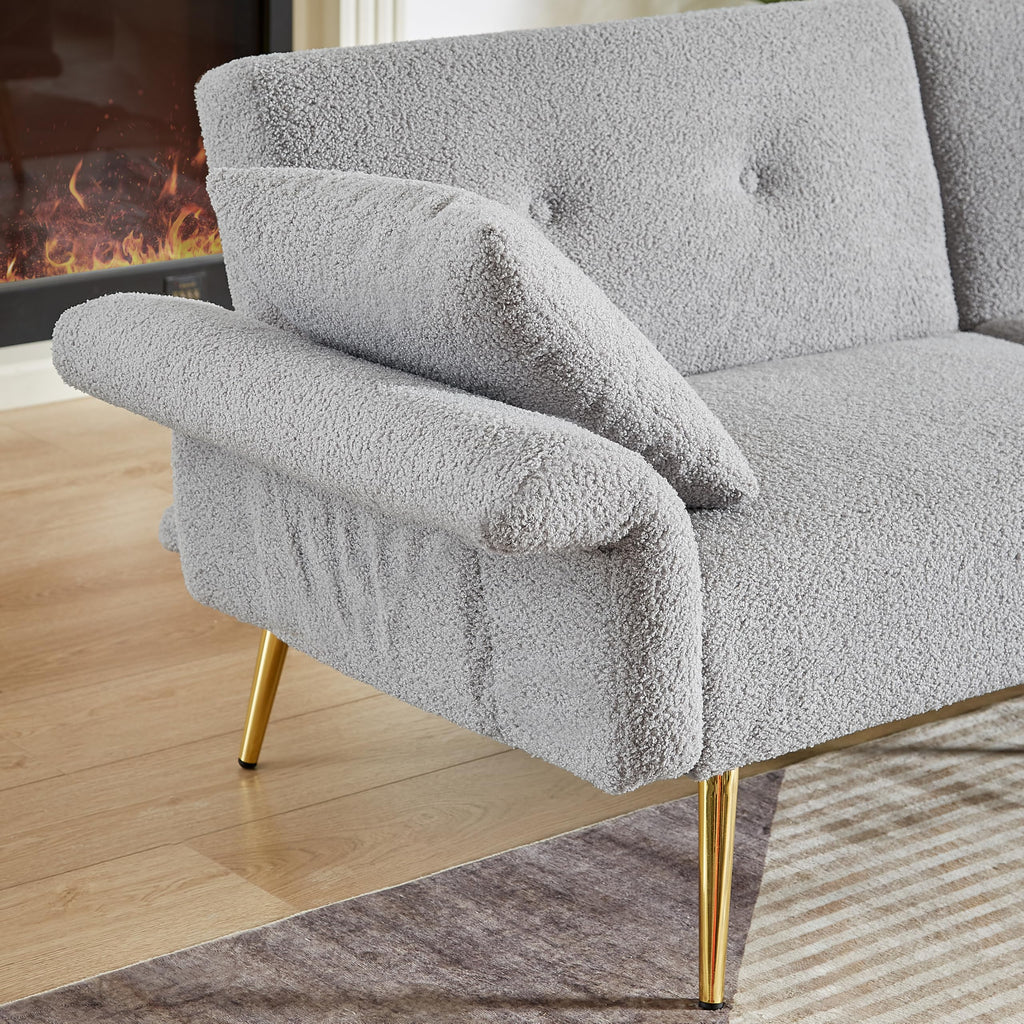 Upholstered Accent Loveseat Sofa with Side Pocket,Folding Sleeper Sofa Bed with Foldable Armrest, Adjustable Backrest and Golden Metal Legs for Living Room,Grey