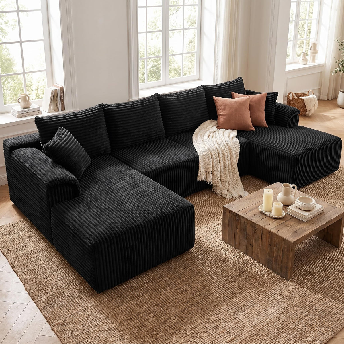 130" Boneless Couch, U Shaped Corduroy Cloud Modular Sectional Sofa Black