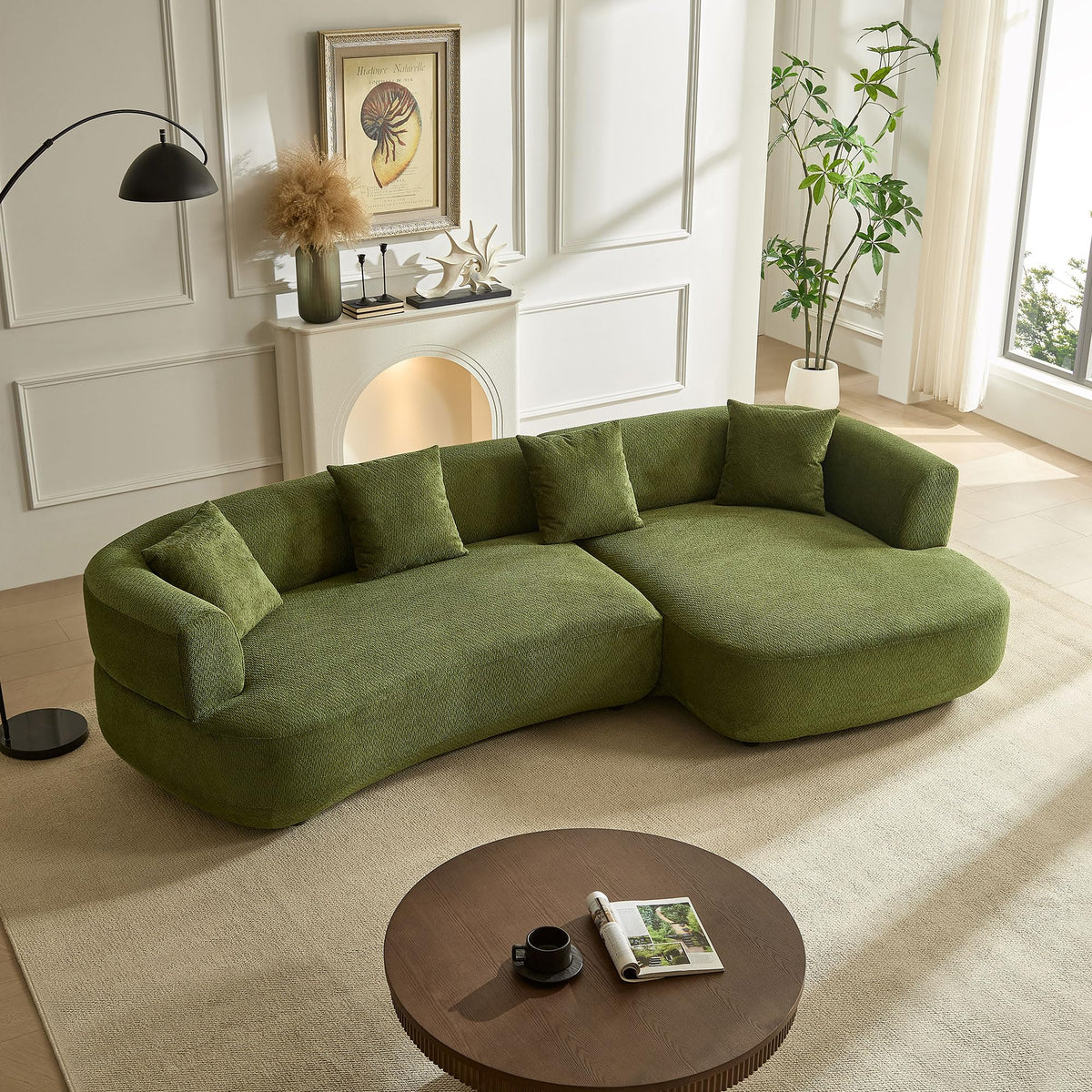 125-Inch Beige Boucle Sectional Sofa, 5 Seats, Left-Facing Chaise