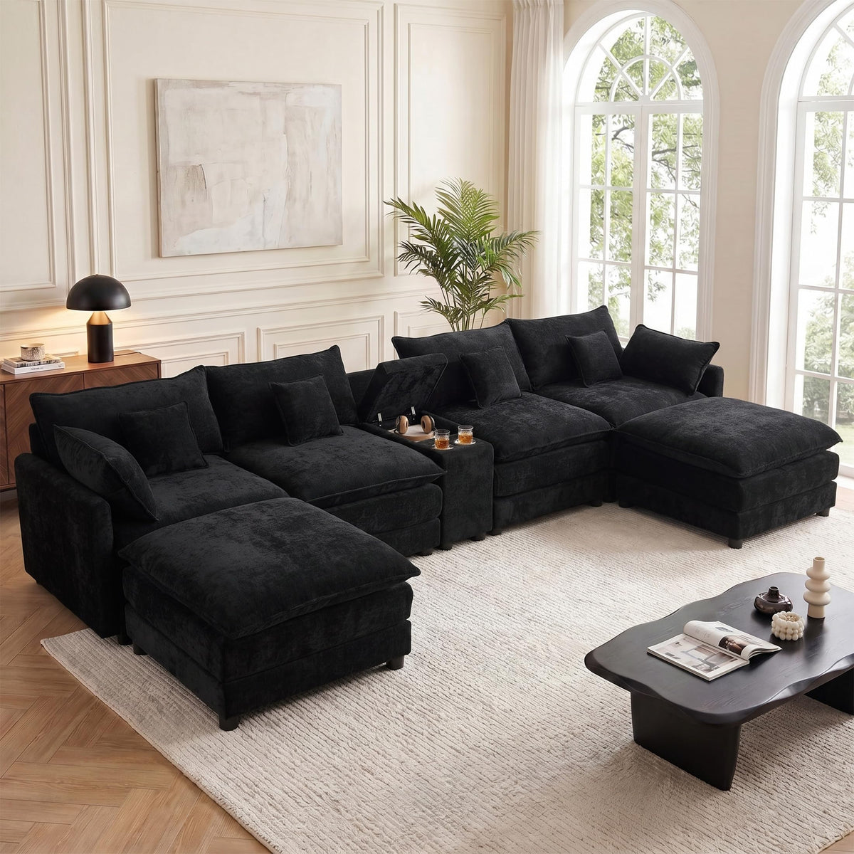 127" U-Shaped Boneless Sofa with Center Console for Living Room, Brown
