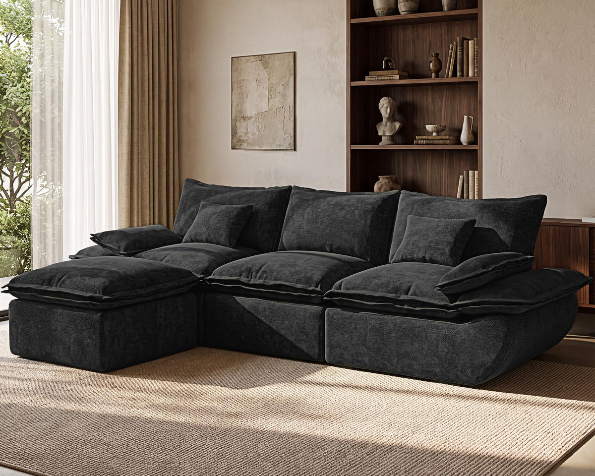 110" Cloud Sectional Couches for Living Room, Convertible L-Shape Couch with Ottoman, 3 Seater Modular Sectional Sofa, Boat-Shaped Fluffy Chenille Couch with Comfy Deep Seats, Black