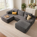 104" L-Shape Modular Sectional Sofa Couch,Comfy Upholstered Cloud Couch for Living Room,Modern Minimalist Couches,Deep Seat,No Assembly Required (Black,Plush Corduroy, Right Facing Chaise w/Ottoman)