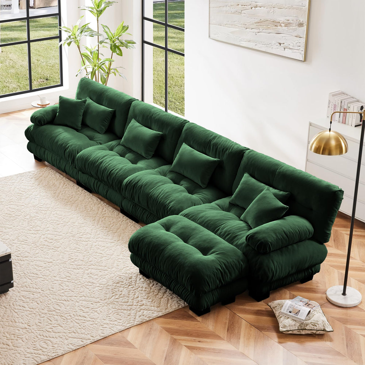 130" Modular Sectional Sofa,Velvet Upholstered Couches for Living Room,3 Seater Green Sofa Couch with Movable Ottoman,Big Comfy Loveseat Sofa with Deep Seats for Living Room,Apartment,Bedroom