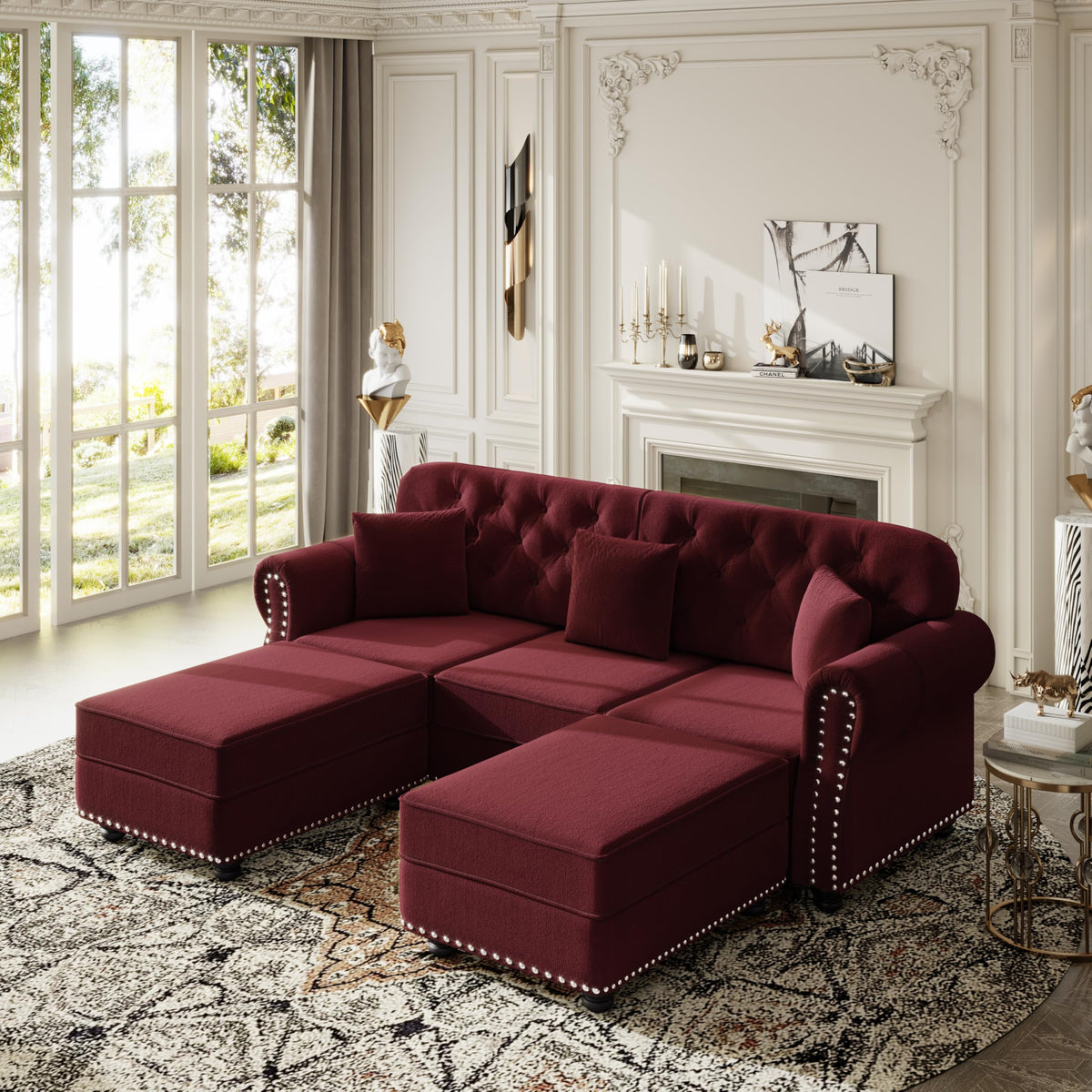 Velvet Chesterfield Sofa with Rolled Arms & Nailhead Trim, Modular Sectional Sofa Couches, Modern Cloud Sofa with Button Tufted, for Living Room, Bedroom, Small Space