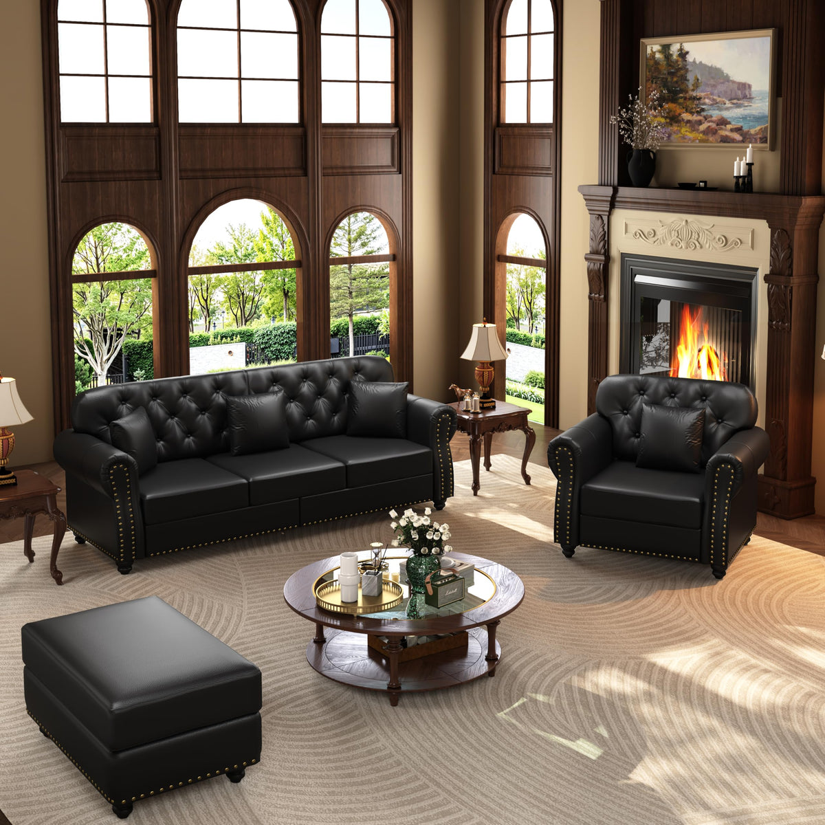 Velvet Chesterfield Sofa with Rolled Arms & Nailhead Trim, Modular Sectional Sofa Couches, Modern Cloud Sofa with Button Tufted, for Living Room, Bedroom, Small Space