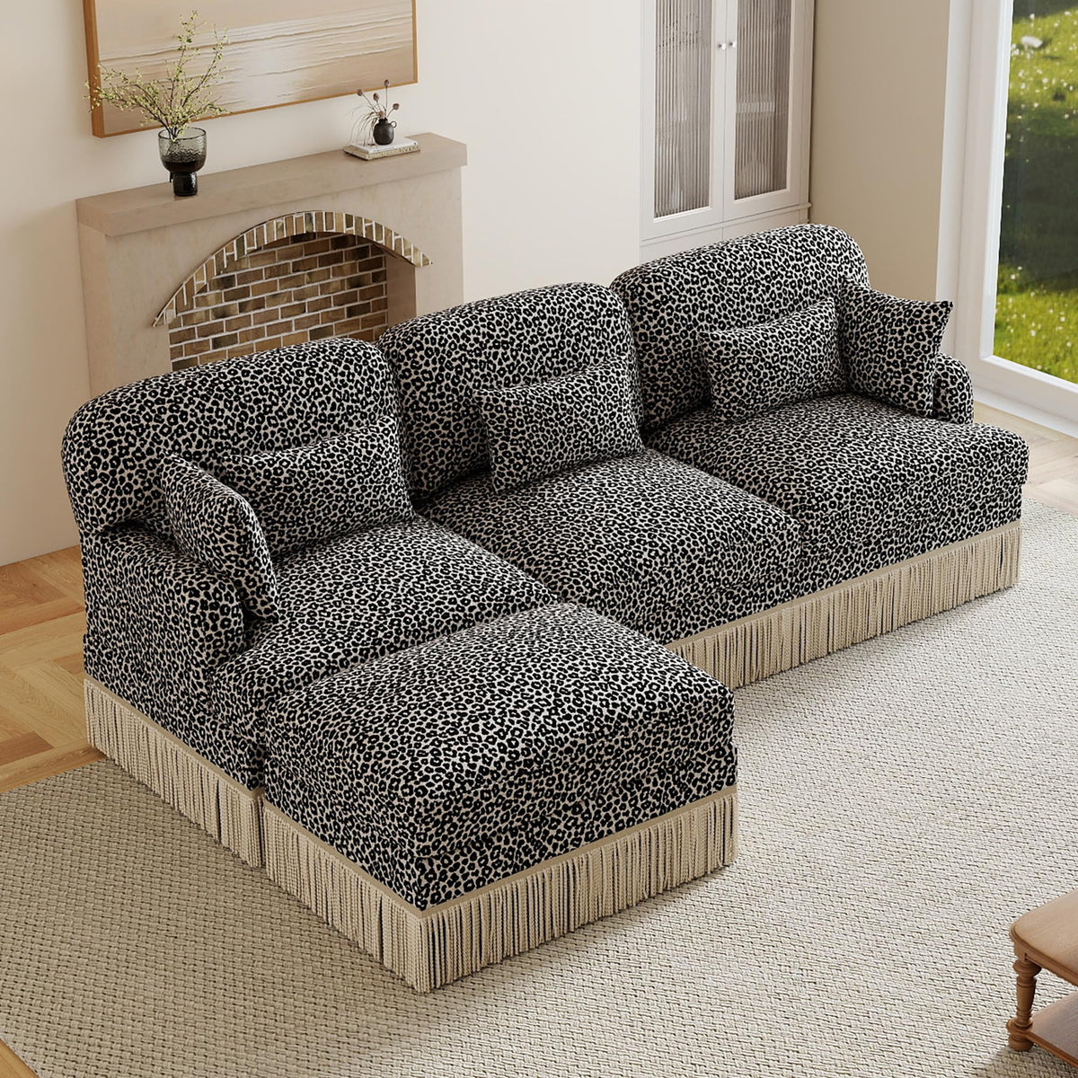 100" Leopard Print Chenille Modular Sectional Sofa with Tassels, L-Shaped Deep Seat Cloud Couch with Ottomans for Living Room, BGE-KHK