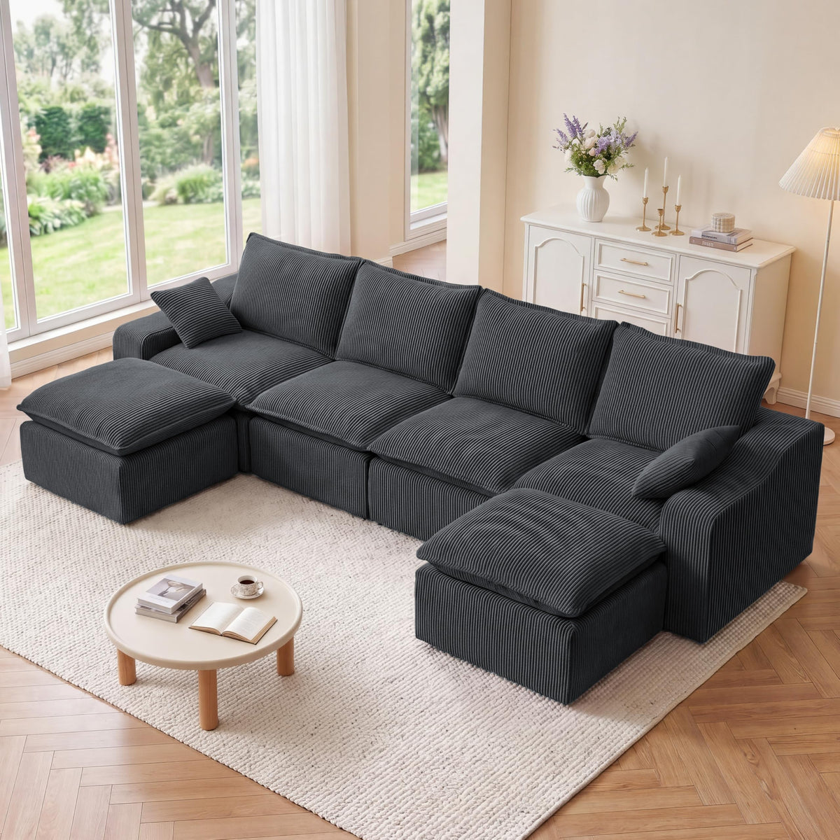 Vipbear 137" Modular Cloud Couch, No Assembly, Memory Boneless Sectional Sofa with Ottomans & Deeper Seat, Corduroy U-Shaped Comfy Modular Sofa for Living Room, Grey