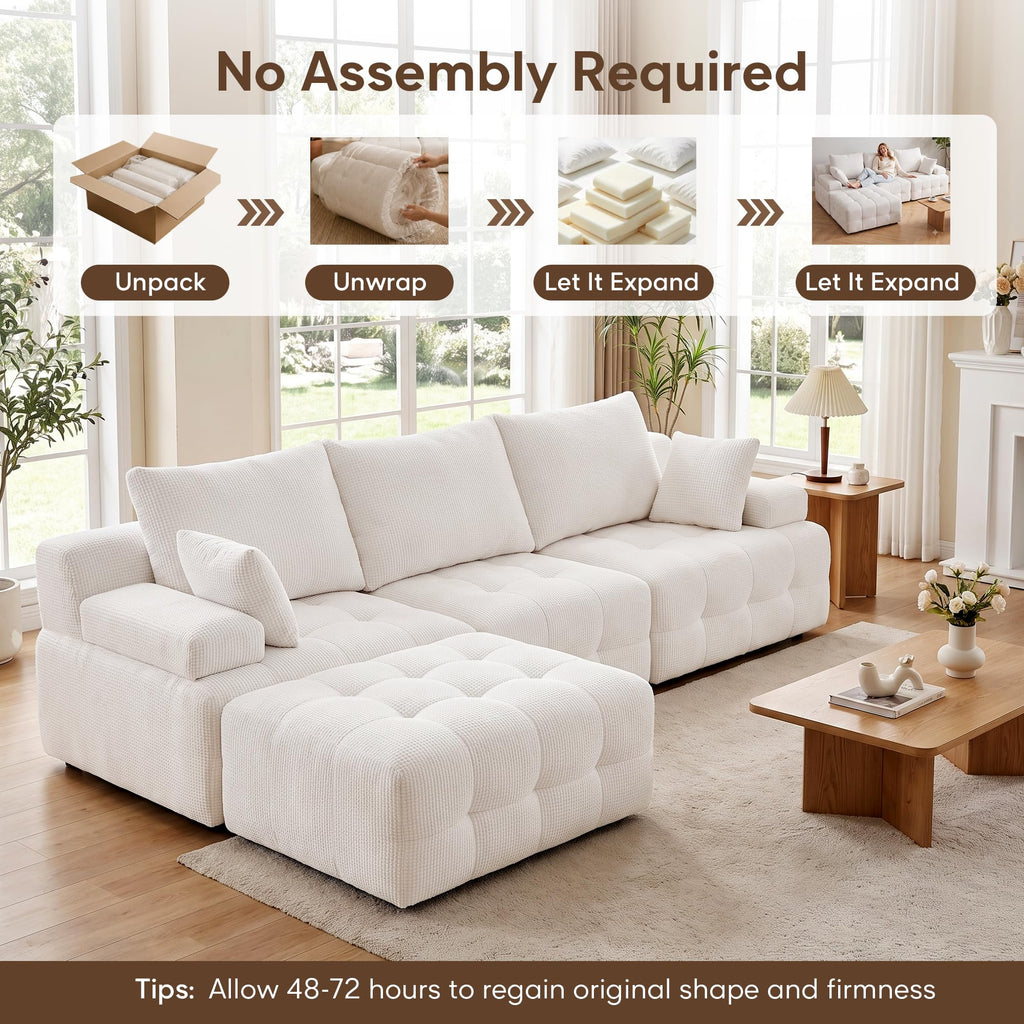 110" Cloud Sectional Couches for Living Room,Modern Convertible L-Shape Couch with Ottoman 3 Seater Chenille Fabric Comfy Cloud Couches with Movable Ottoman(Beige)