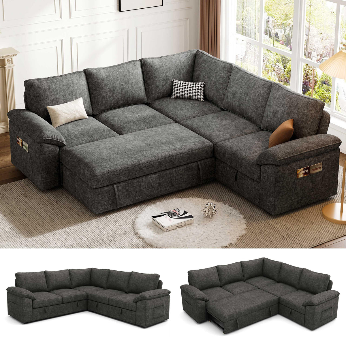 Weture 108" Modular U Shaped Sectional Sofa with Pull Out Sleeper Bed and Storage, 7 Seater Cloud Couch for Living Room, Light Grey