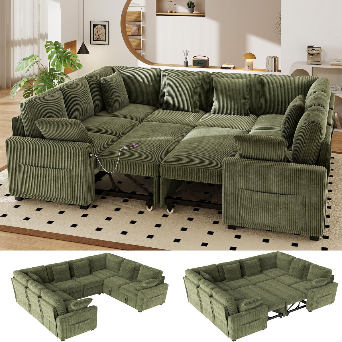 WorthFurni 104" Oversized 6 Seat L Shaped Sectional Sofa, Corduroy Convertible Couch with Pull Out Bed, Movable Storage Ottoman, USB Port, 2 Pillows & Storage Pocket for Living Room（Gray）