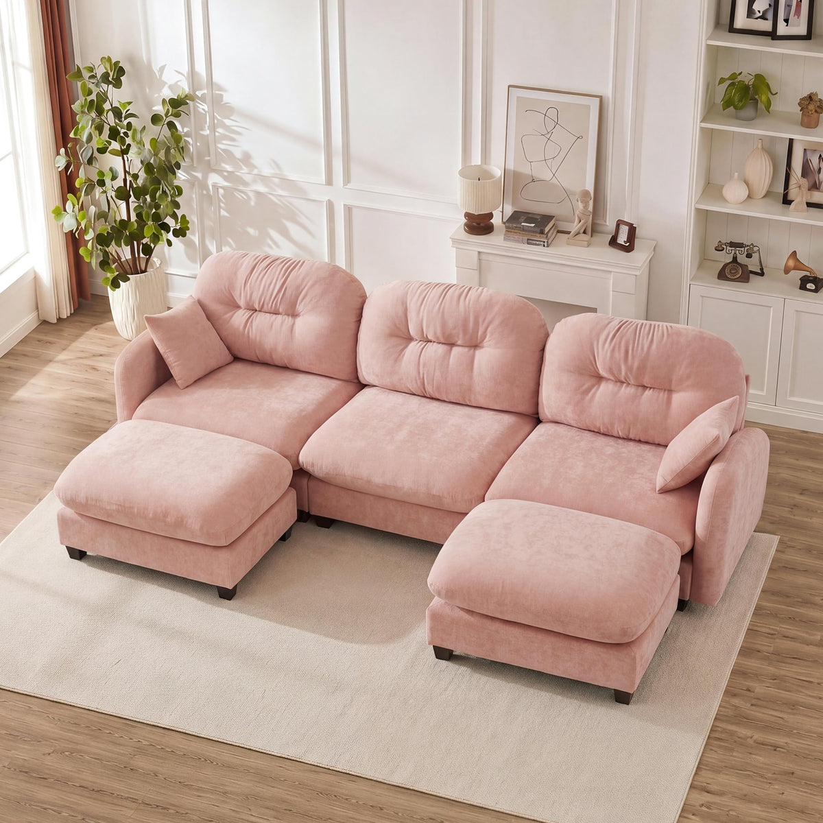 107" Modular Sectional Sofa with Ottoman Pink Chenille L Shaped Couch