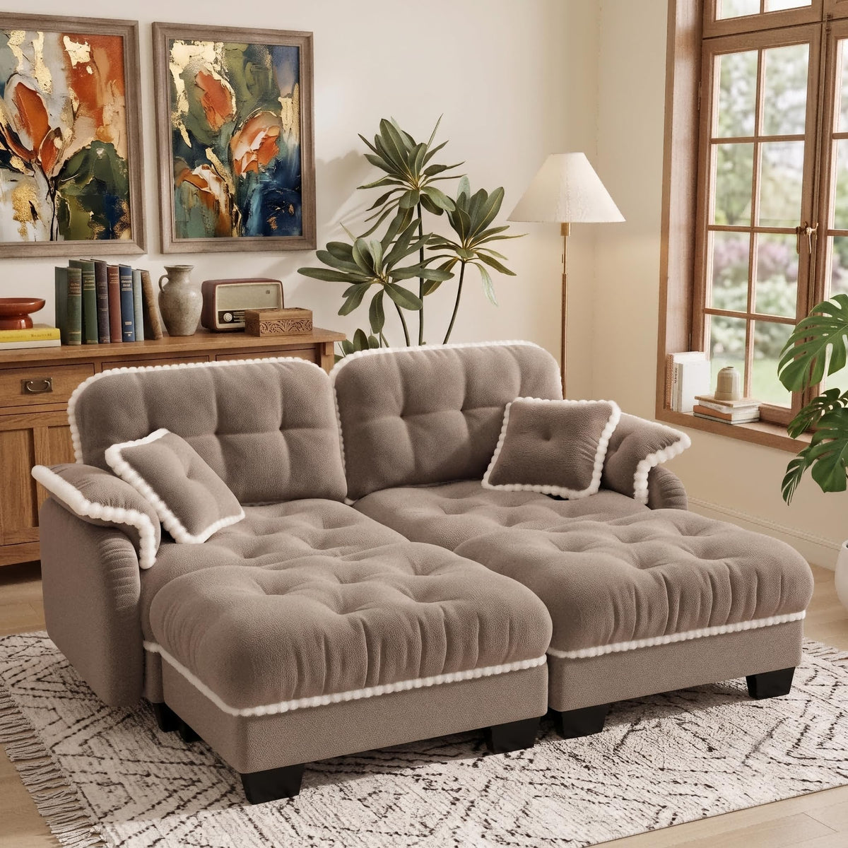100.7" Chenille Cloud 3-Seater Sofa, Tufted Deep Seat Couch with Pom-Pom Trim & 4 Pillows, Ergonomic Easy Assembly Modular Sofa for Living Room & Apartment（Green ）