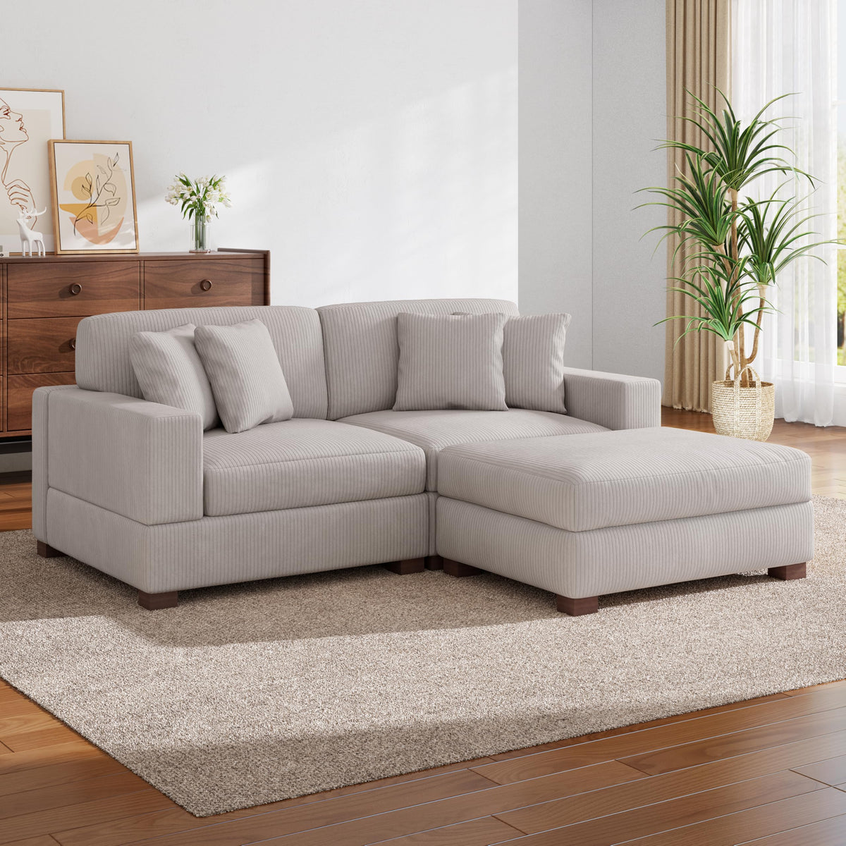 118.3" L-Shaped Modular Sectional Sofa with Chaise, Comfy Corduroy Fluffy Couch with Deep Seat, Flexible Module Combination for Living Room, Cotton Flannel Light Brown
