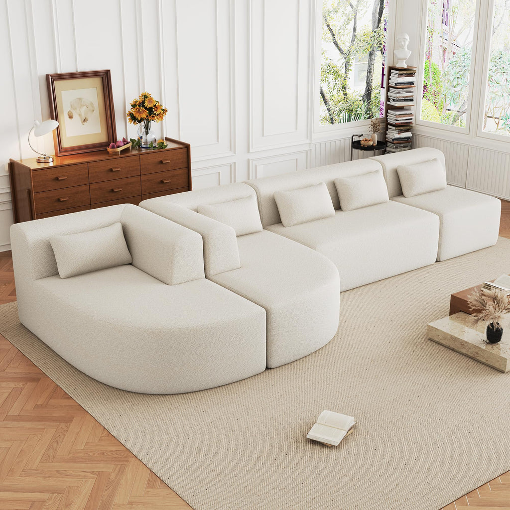 110" Sectional Sofa Round Curved Couch, Modern 4 Seat Sofa with Wood Grain Chenille Fabric, Comfy Deep Seat Sponge Couch with 4 Pillows for Living Room, White